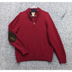 L.L Bean Shetland Wool 1/4 Zip Sweater Mens M Corduroy Elbow Patch Pullover Red